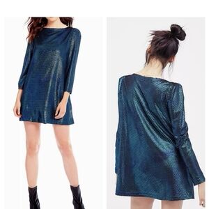Free People Women's Turquoise and Black Shimmer Long Sleeve Mini Dress XS NWT